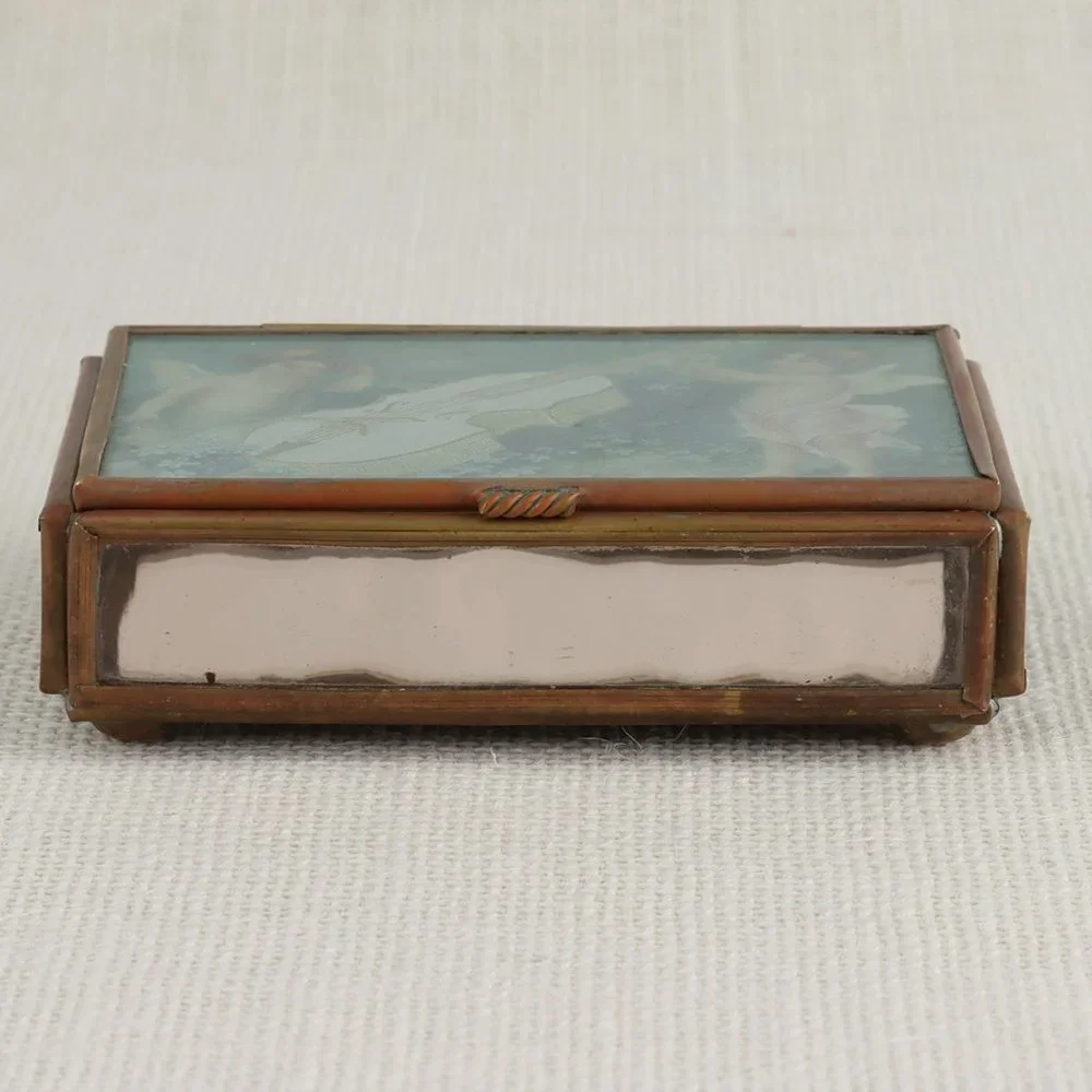 Vintage Cupid Angel Glass Brass Jewelry Trinket Box